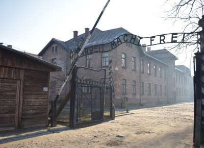 The entrance to the main camp at Auschwitz.