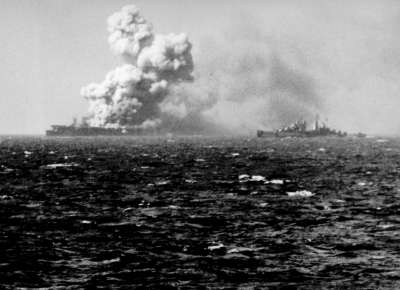 Torpedoes aboard the U.S. Navy light aircraft carrier USS Princeton (CVL-23) explode